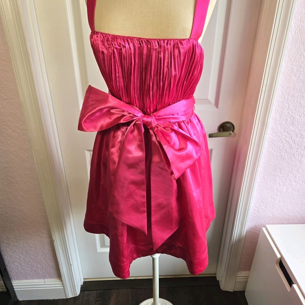 Maeve Anthropologie Pink Satin Tie Bow Waist Fit and Flare Party Dress Size‎ 4